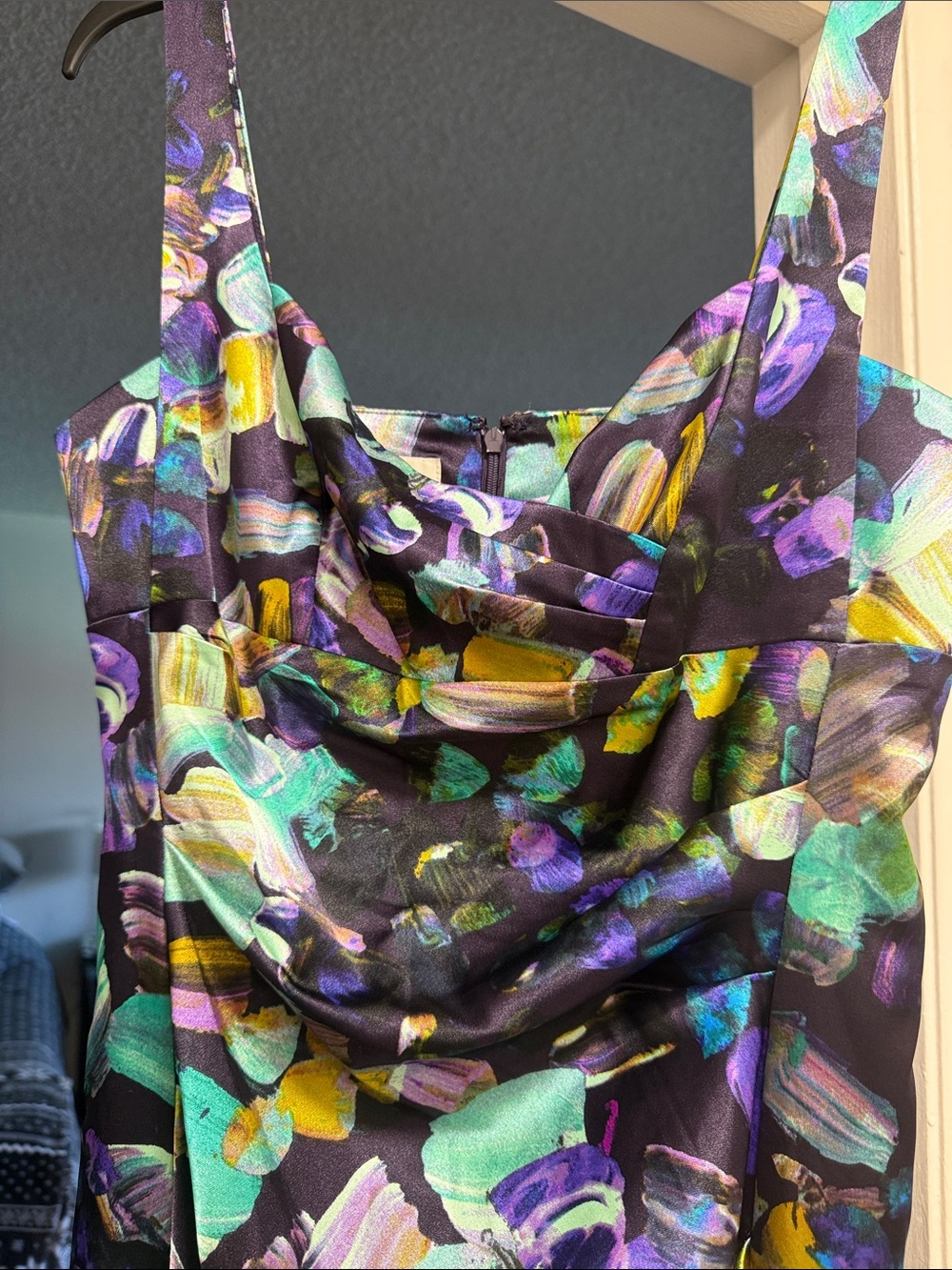 Donna Morgan Black Midi Dress with Teal, Purple and Yellow Brushstroke Print